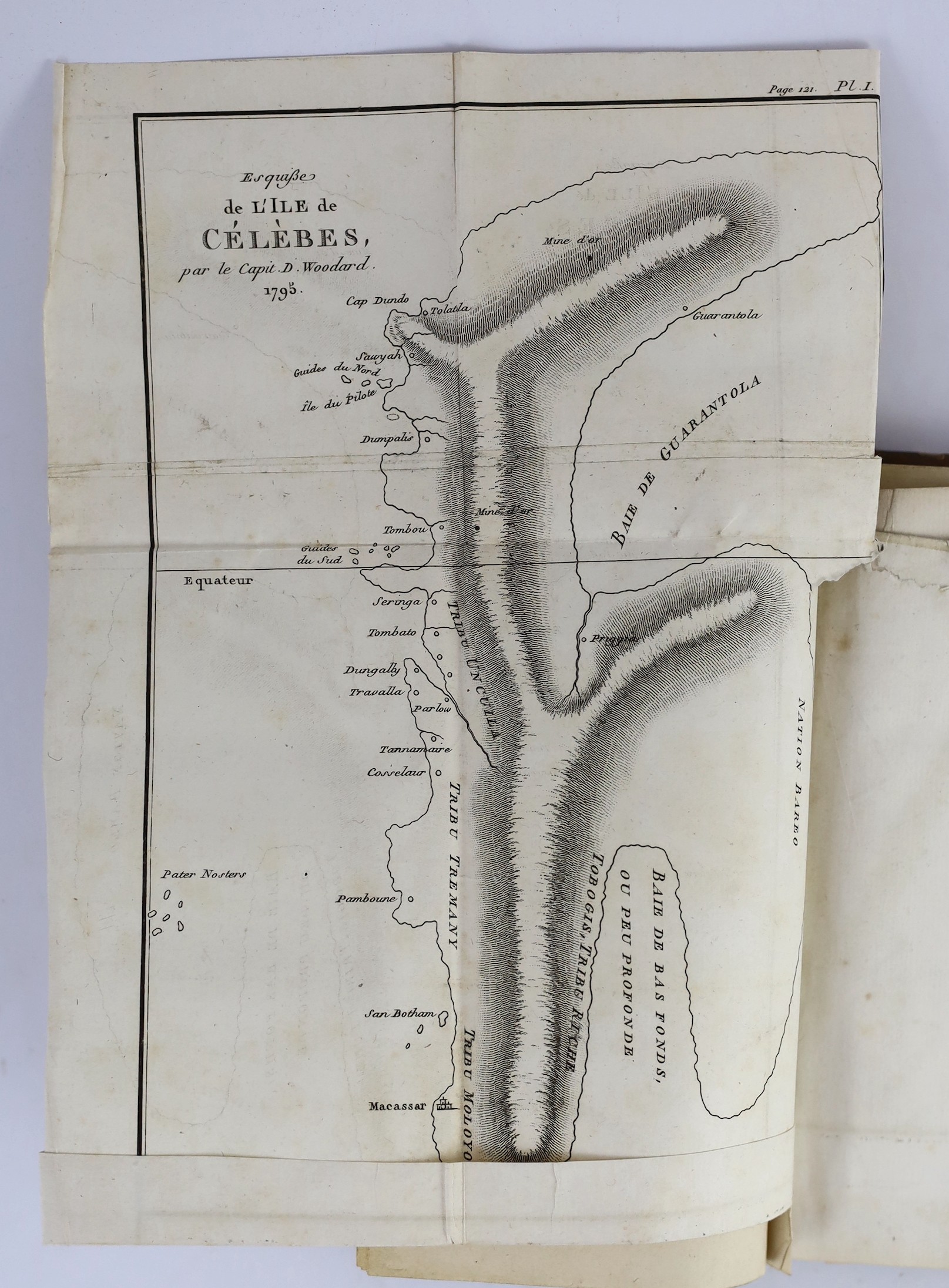 Woodard, David - Relation des Malheurs et de la Captivitie, Pendant Deux ans et Cinq Mois, du Capitaine David Woodard, 3rd edition, 8vo, calf, with portrait frontis, in dotted profile in the spirit of ‘’shadow puppet’’ s